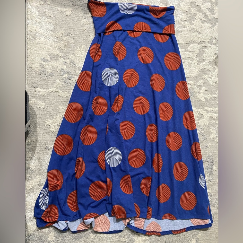 LuLaRoe Maxi Skirt S Blue w/Maroon Polka Dots EUC